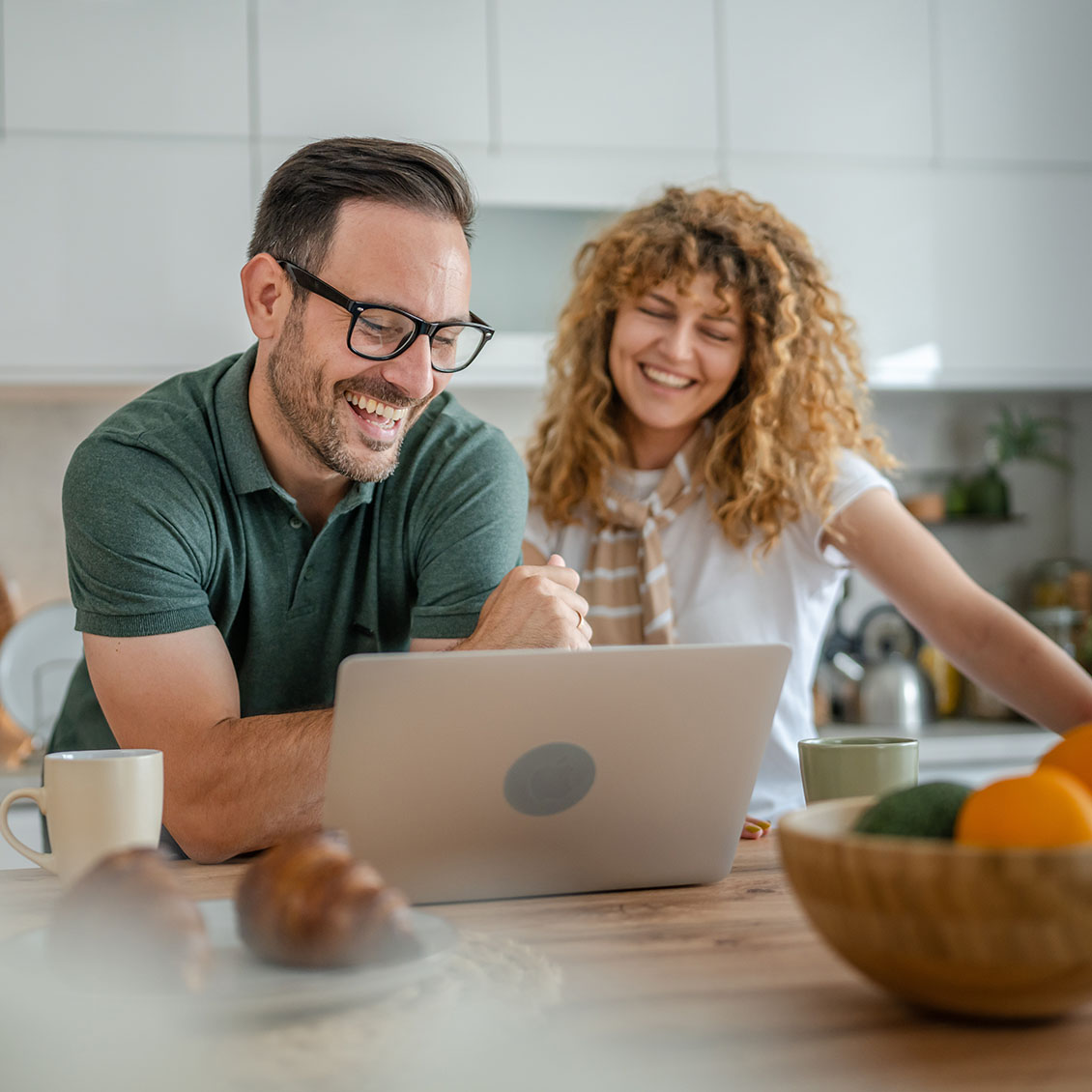 happy couple man and woman husband and wife morning routine use