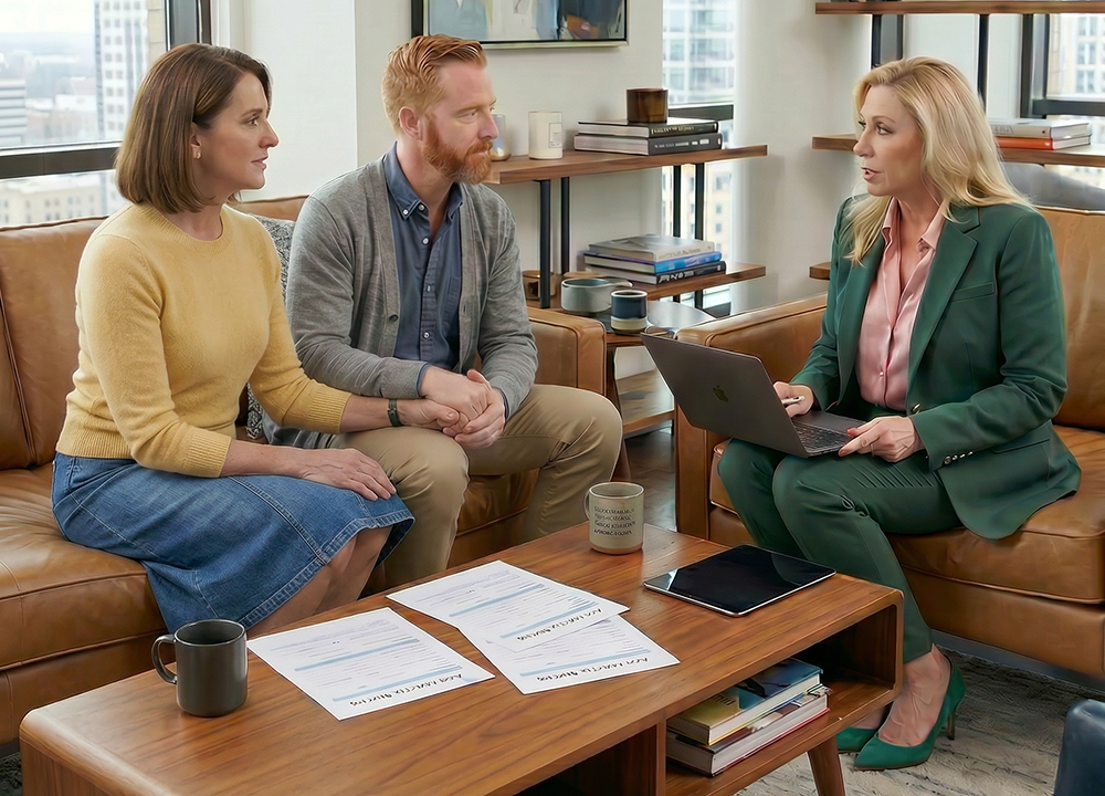 Attorney Rhonda Miller with clients discussing fundamental estate planning.