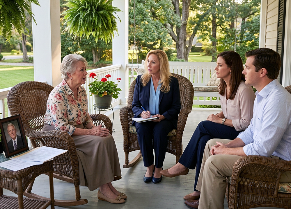 Attorney Rhonda A. Miller meets with a senior-age mother and her adult children to create an elder law protection plan.